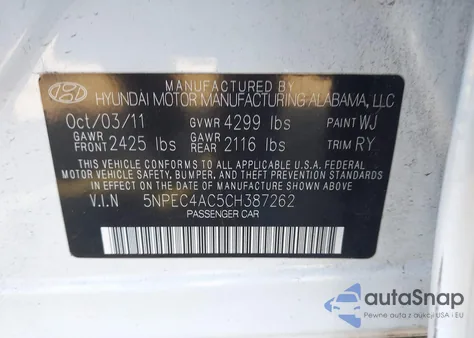 2012 Hyundai Sonata Se z USA, uszkodzony, nr VIN 5NPEC4AC5CH387262